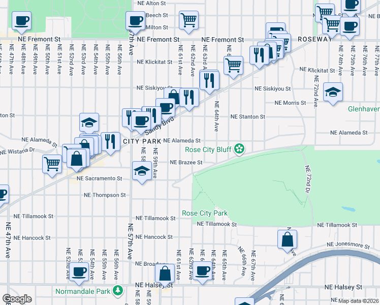 map of restaurants, bars, coffee shops, grocery stores, and more near 2539 Northeast 62nd Avenue in Portland