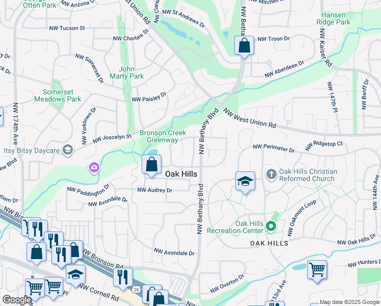 map of restaurants, bars, coffee shops, grocery stores, and more near 3025 Northwest 159th Terrace in Beaverton