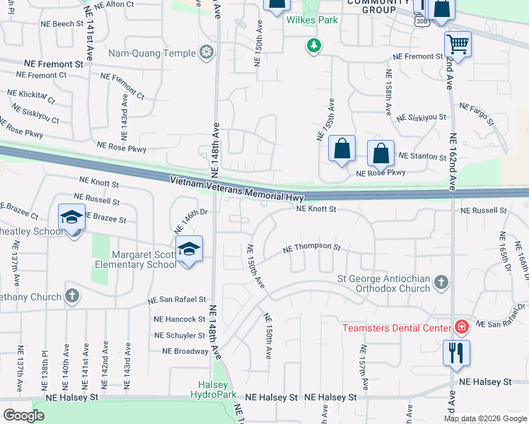 map of restaurants, bars, coffee shops, grocery stores, and more near 15035 Northeast Sacramento Street in Portland