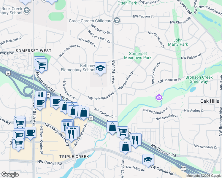 map of restaurants, bars, coffee shops, grocery stores, and more near 17415 Northwest Park View Boulevard in Portland