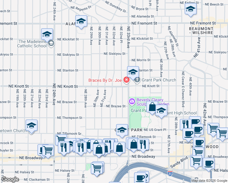map of restaurants, bars, coffee shops, grocery stores, and more near 2620 Northeast 32nd Avenue in Portland