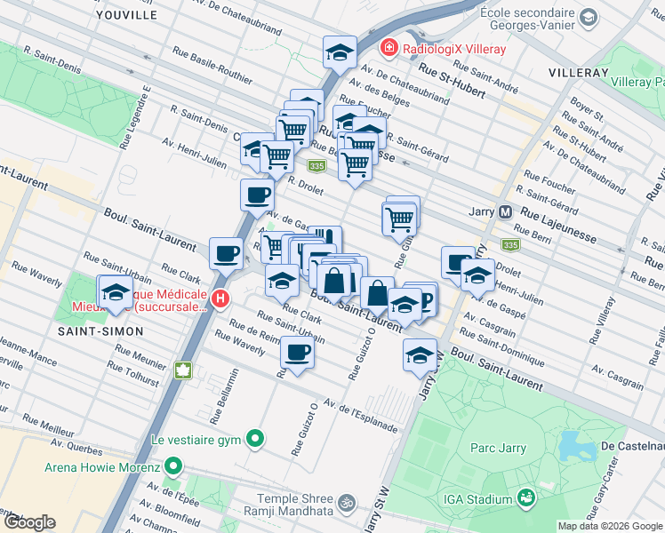 map of restaurants, bars, coffee shops, grocery stores, and more near 8480 Avenue Casgrain in Montréal