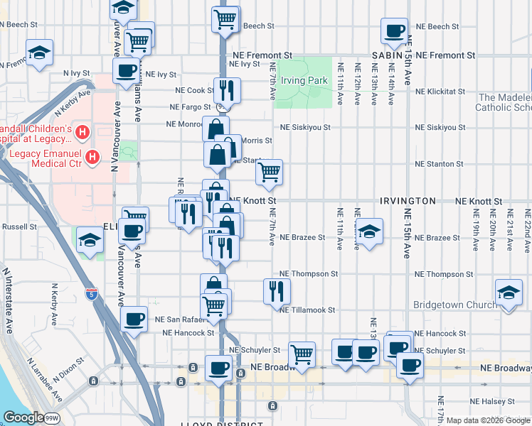 map of restaurants, bars, coffee shops, grocery stores, and more near 2662 Northeast 6th Place in Portland
