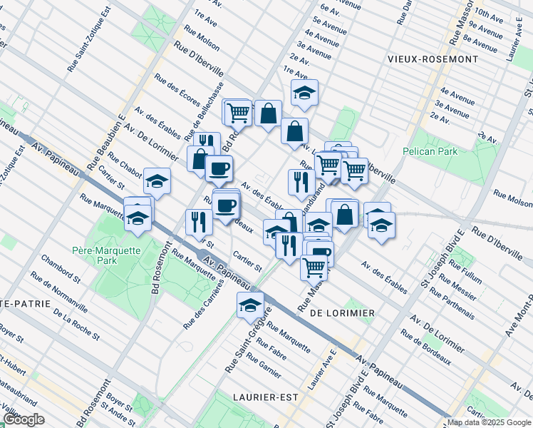 map of restaurants, bars, coffee shops, grocery stores, and more near in Montreal