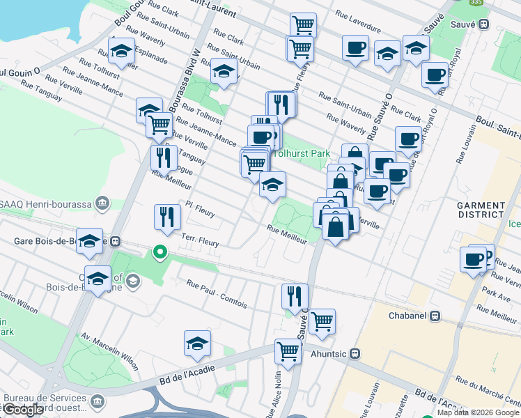 map of restaurants, bars, coffee shops, grocery stores, and more near 505 Avenue du Mont Cassin in Montréal