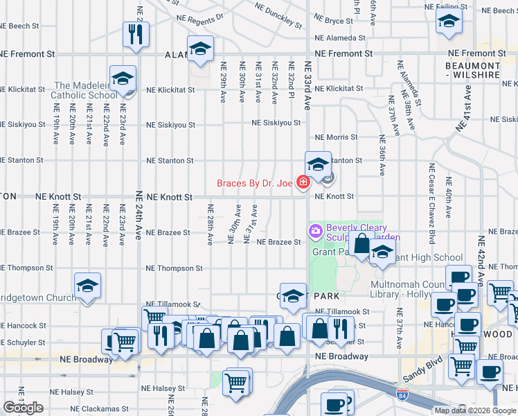 map of restaurants, bars, coffee shops, grocery stores, and more near 2612 Northeast 31st Avenue in Portland
