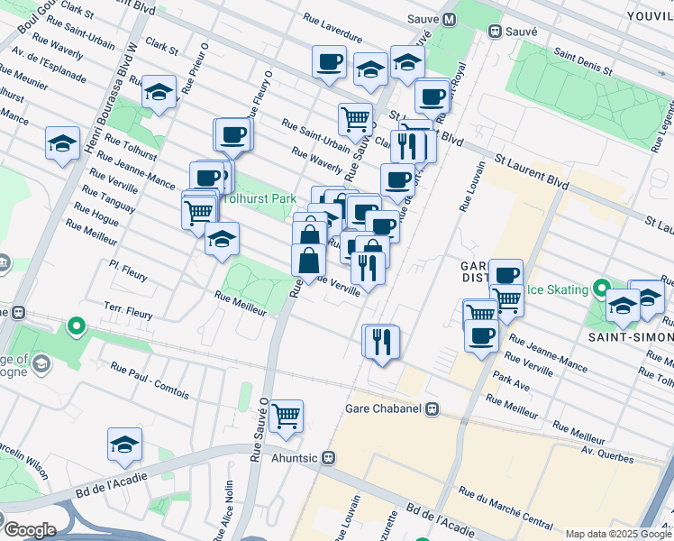 map of restaurants, bars, coffee shops, grocery stores, and more near 9800 Rue Jeanne-Mance in Montréal