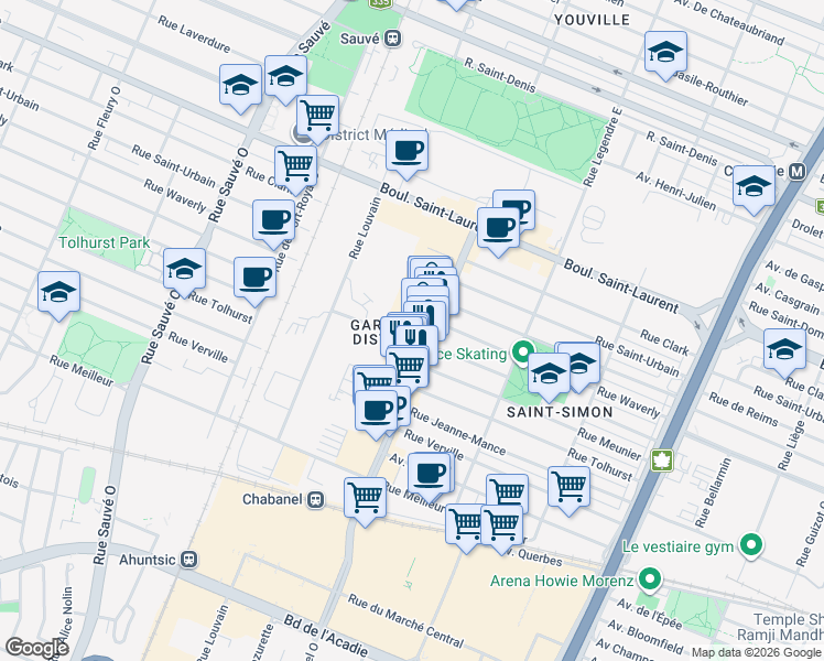 map of restaurants, bars, coffee shops, grocery stores, and more near 125 Rue Chabanel Ouest in Montréal