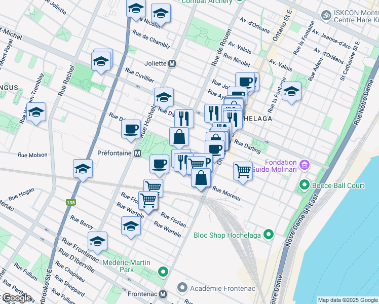 map of restaurants, bars, coffee shops, grocery stores, and more near 2190 Rue Dézéry in Montréal
