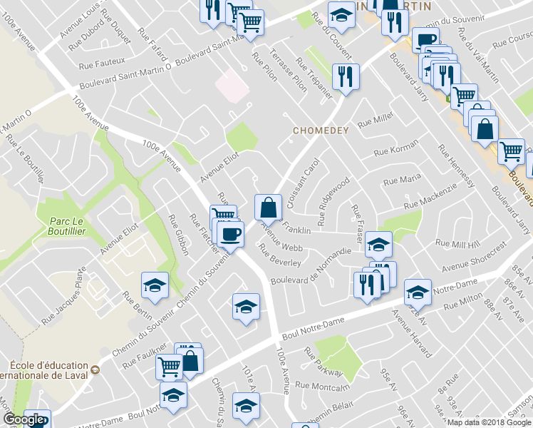 map of restaurants, bars, coffee shops, grocery stores, and more near 4510 Chemin du Souvenir in Laval