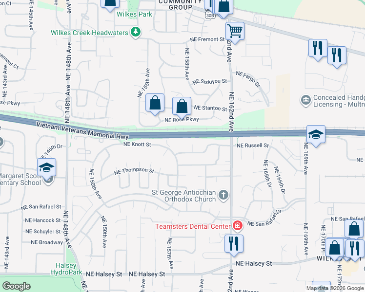 map of restaurants, bars, coffee shops, grocery stores, and more near 15727 Northeast Russell Street in Portland