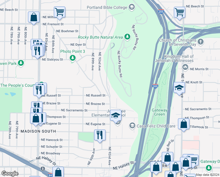 map of restaurants, bars, coffee shops, grocery stores, and more near 2615 Northeast Rocky Butte Road in Portland