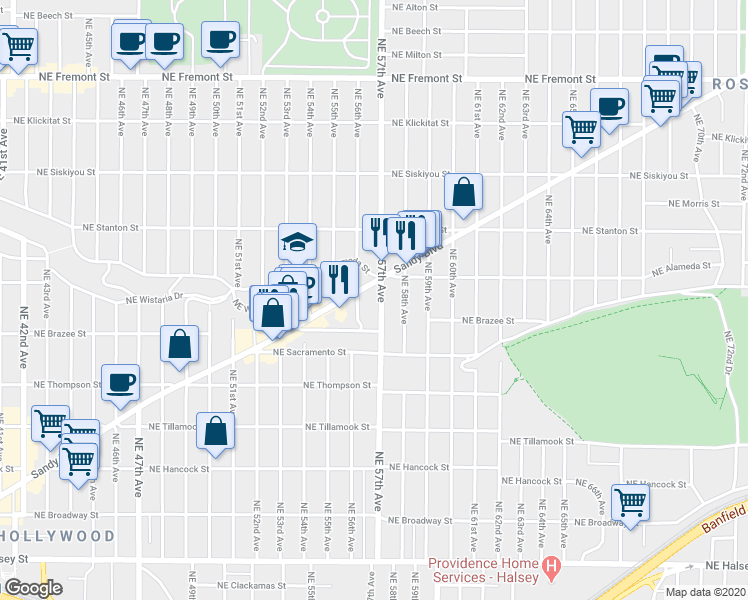 map of restaurants, bars, coffee shops, grocery stores, and more near 2556 Northeast 56th Avenue in Portland