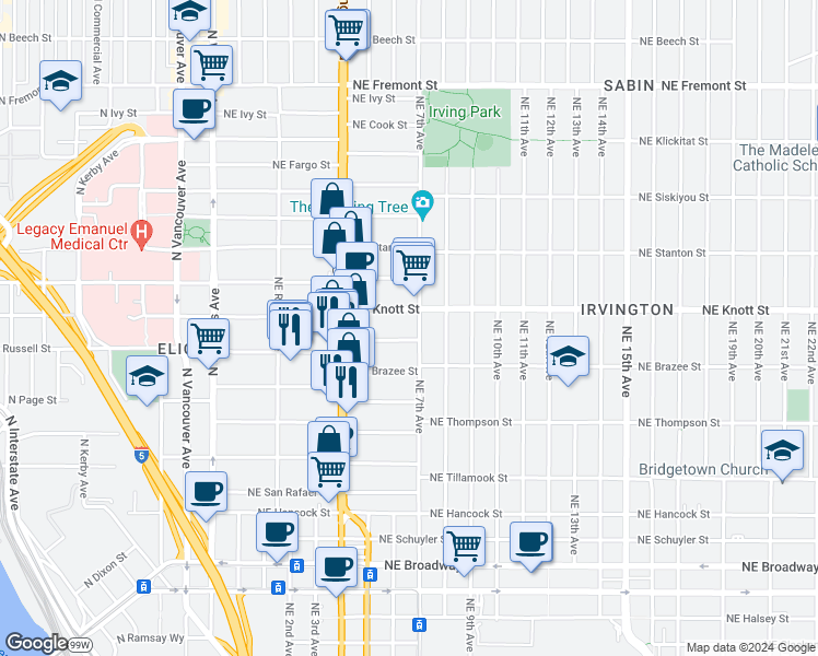 map of restaurants, bars, coffee shops, grocery stores, and more near 2662 Northeast 6th Place in Portland