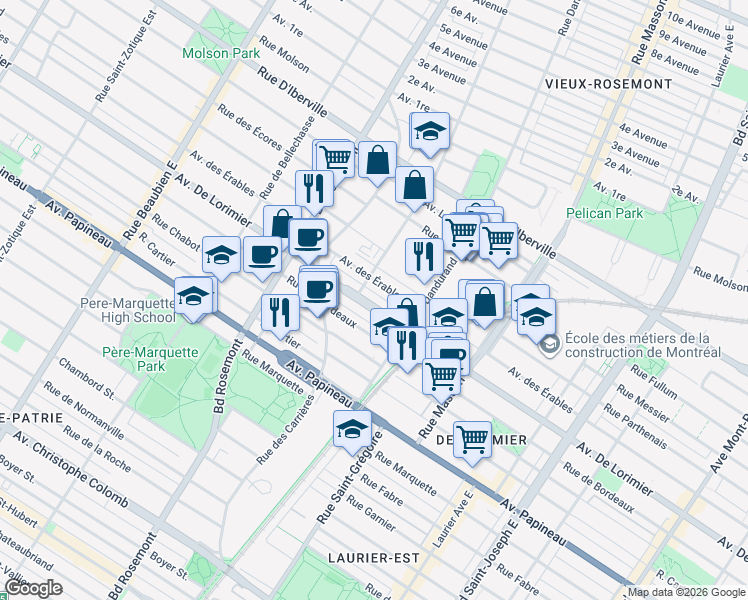 map of restaurants, bars, coffee shops, grocery stores, and more near 5697 Avenue De Lorimier in Montréal