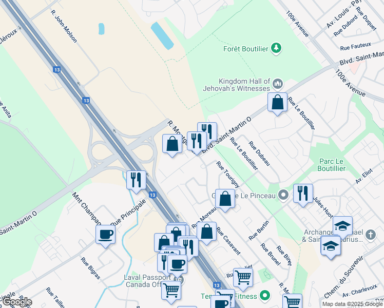 map of restaurants, bars, coffee shops, grocery stores, and more near 1450 Rue Montgolfier in Laval