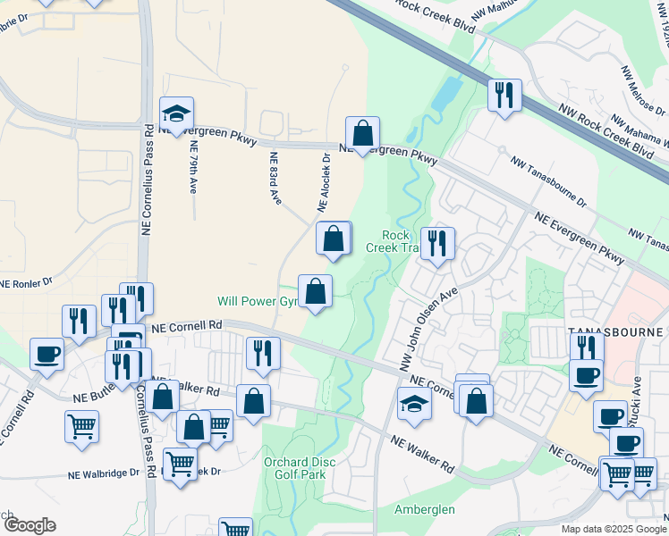 map of restaurants, bars, coffee shops, grocery stores, and more near 3188 Northwest Aloclek Drive in Hillsboro