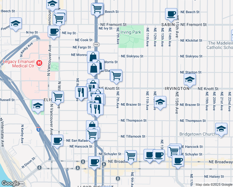 map of restaurants, bars, coffee shops, grocery stores, and more near 2621 Northeast 7th Avenue in Portland