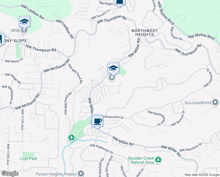 map of restaurants, bars, coffee shops, grocery stores, and more near 9828 Northwest Durrett Street in Portland