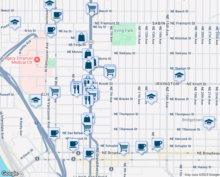 map of restaurants, bars, coffee shops, grocery stores, and more near 2621 Northeast 7th Avenue in Portland