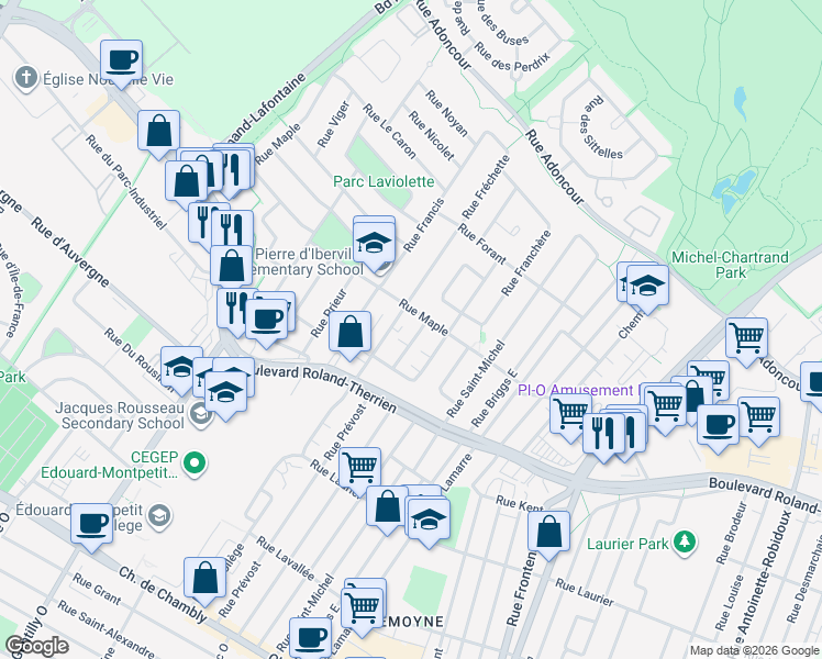 map of restaurants, bars, coffee shops, grocery stores, and more near 865 Rue Falardeau in Longueuil