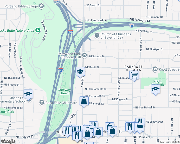 map of restaurants, bars, coffee shops, grocery stores, and more near 10311 Northeast Russell Court in Portland