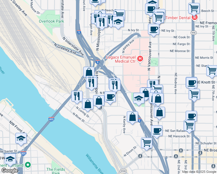 map of restaurants, bars, coffee shops, grocery stores, and more near 2631 North Albina Avenue in Portland