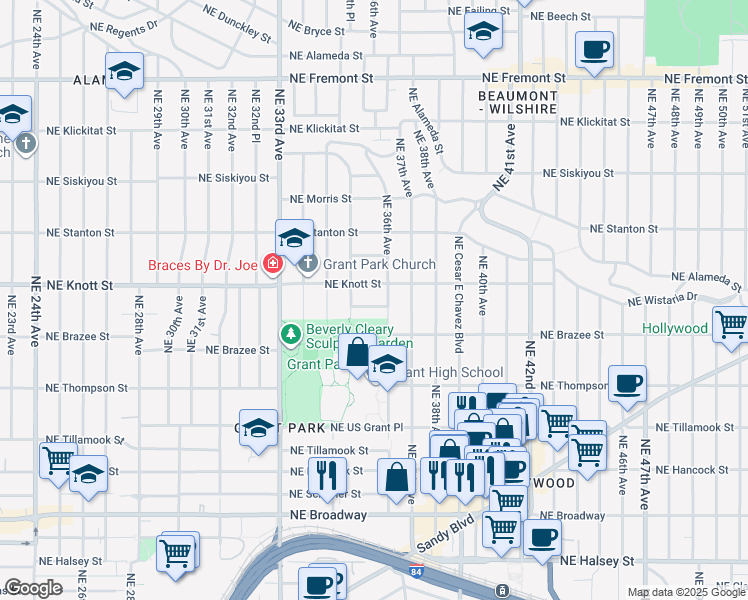 map of restaurants, bars, coffee shops, grocery stores, and more near 3575 Northeast Hollyrood Court in Portland