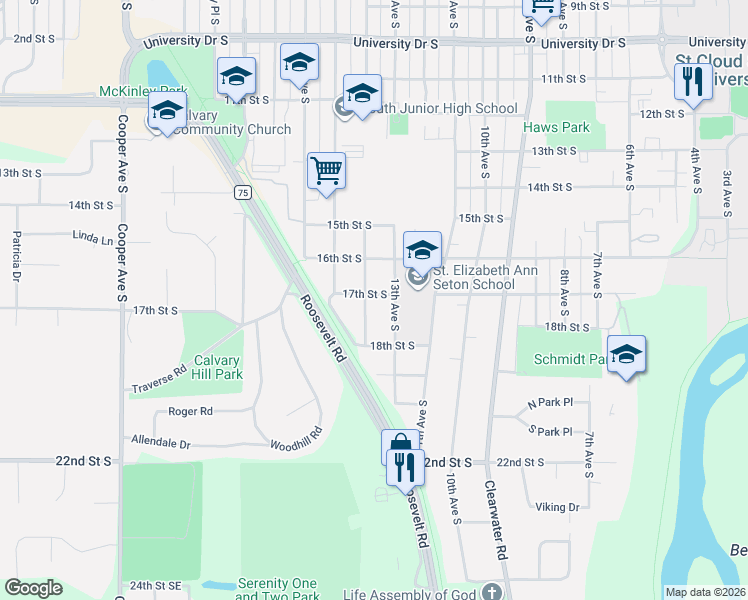 map of restaurants, bars, coffee shops, grocery stores, and more near 1708 14th Avenue South in St. Cloud