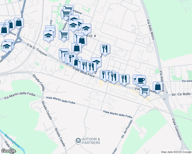 map of restaurants, bars, coffee shops, grocery stores, and more near 224 Viale della Pace in Vicenza