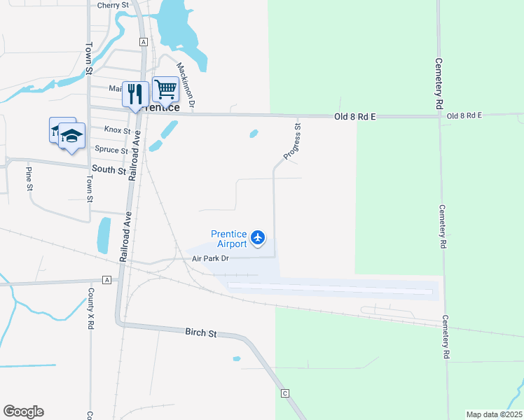map of restaurants, bars, coffee shops, grocery stores, and more near 901 Progress Street in Prentice