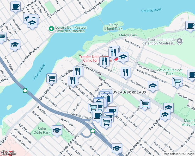 map of restaurants, bars, coffee shops, grocery stores, and more near 12152 Rue Pasteur in Montréal