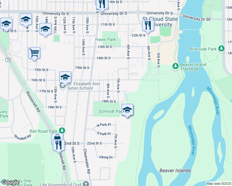 map of restaurants, bars, coffee shops, grocery stores, and more near 702 17th Street South in St. Cloud