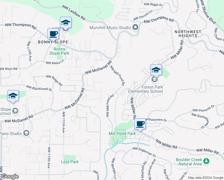 map of restaurants, bars, coffee shops, grocery stores, and more near 10414 Northwest Brittney Court in Portland