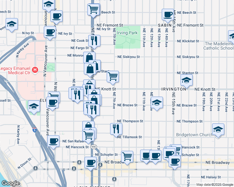 map of restaurants, bars, coffee shops, grocery stores, and more near 2603 Northeast 8th Avenue in Portland