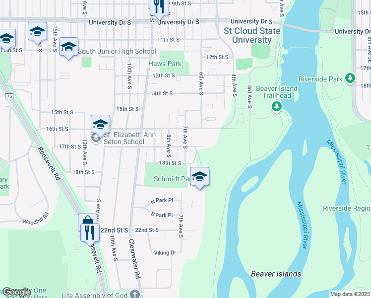 map of restaurants, bars, coffee shops, grocery stores, and more near 1726 7th Avenue South in St. Cloud