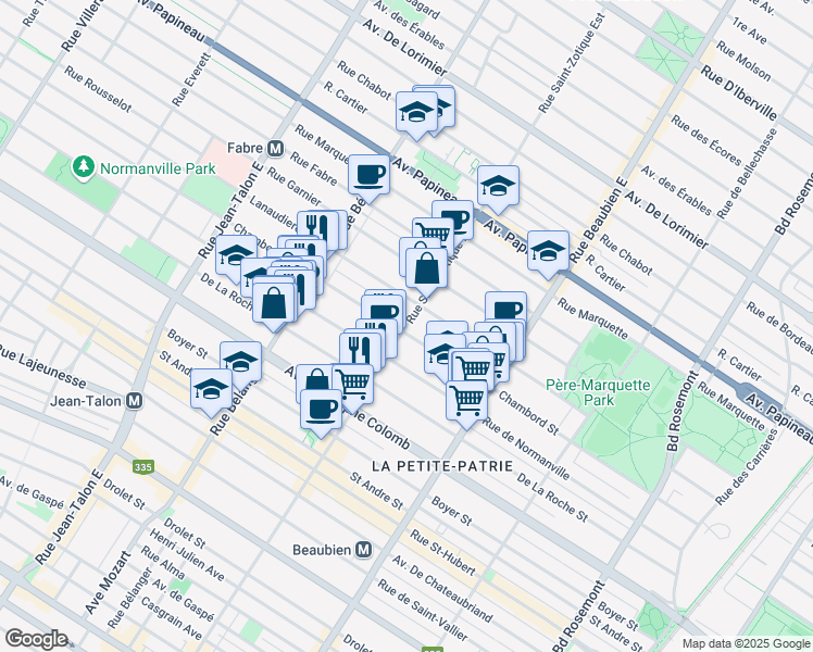 map of restaurants, bars, coffee shops, grocery stores, and more near 1309 Rue Saint Zotique Est in Montreal