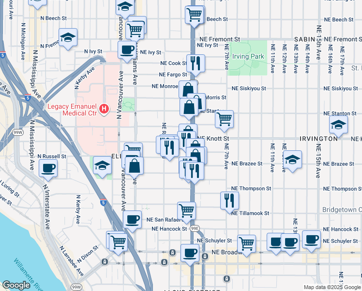 map of restaurants, bars, coffee shops, grocery stores, and more near 305 Northeast Russell Street in Portland