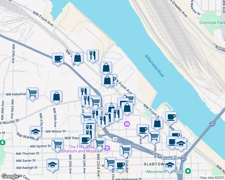 map of restaurants, bars, coffee shops, grocery stores, and more near 2181 Northwest Nicolai Street in Portland