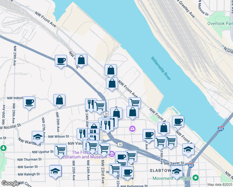 map of restaurants, bars, coffee shops, grocery stores, and more near 2181 Northwest Nicolai Street in Portland