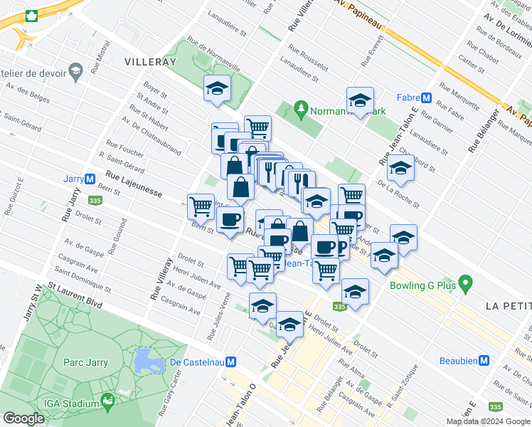 map of restaurants, bars, coffee shops, grocery stores, and more near 7448 Avenue De Chateaubriand in Montréal