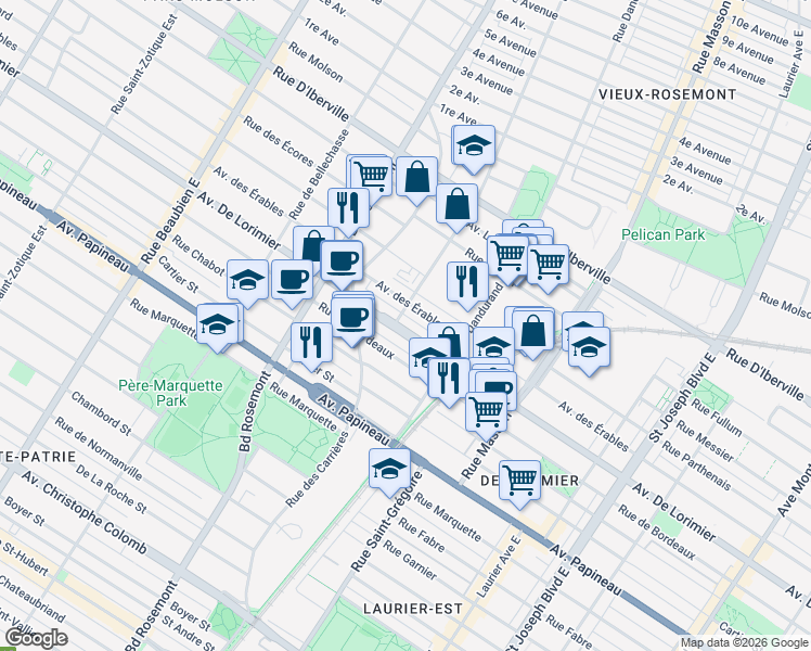 map of restaurants, bars, coffee shops, grocery stores, and more near 5723 Avenue de Lorimier in Montréal