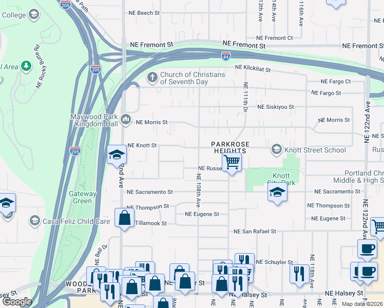 map of restaurants, bars, coffee shops, grocery stores, and more near 2702 Northeast 108th Avenue in Portland