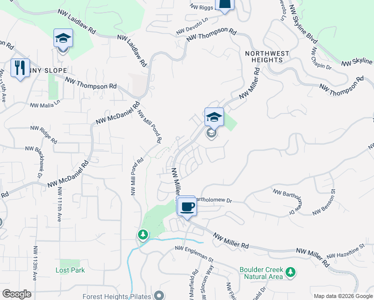 map of restaurants, bars, coffee shops, grocery stores, and more near 2527 Northwest Fern Ridge Drive in Portland