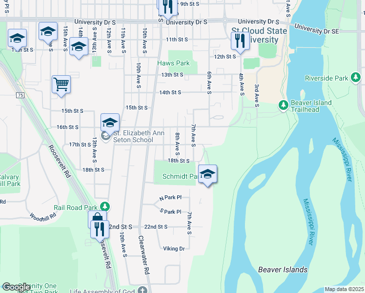 map of restaurants, bars, coffee shops, grocery stores, and more near 702 17th Street South in St. Cloud