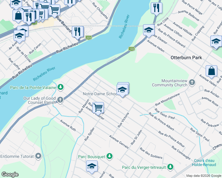 map of restaurants, bars, coffee shops, grocery stores, and more near 238 Rue du Prince-Albert in Otterburn Park