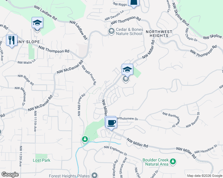 map of restaurants, bars, coffee shops, grocery stores, and more near 2527 Northwest Fern Ridge Drive in Portland