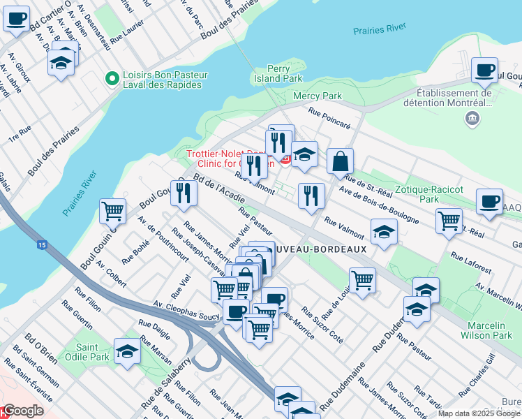 map of restaurants, bars, coffee shops, grocery stores, and more near L'Acadie Boulevard in Montreal