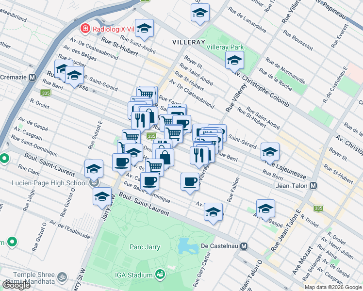 map of restaurants, bars, coffee shops, grocery stores, and more near 7861 Rue Saint-Denis in Montréal