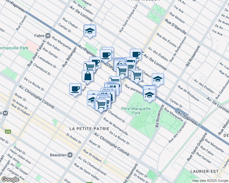 map of restaurants, bars, coffee shops, grocery stores, and more near 1453 Rue Beaubien Est in Montréal